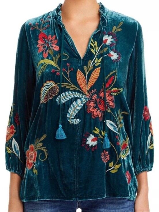 Johnny Was Tops - Johnny Was Isabella Silk Teal Velvet Embroidered Peasant Tunic Size XS NWOT